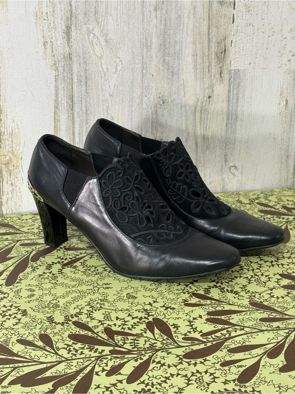 Brighton Rand Black Floral Cutout Leather Heels Bootie Ankle Heels